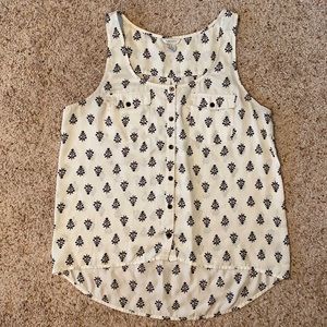 Forever 21 - Satin Ivory & Black Flower Print Button Up Sleeveless Top